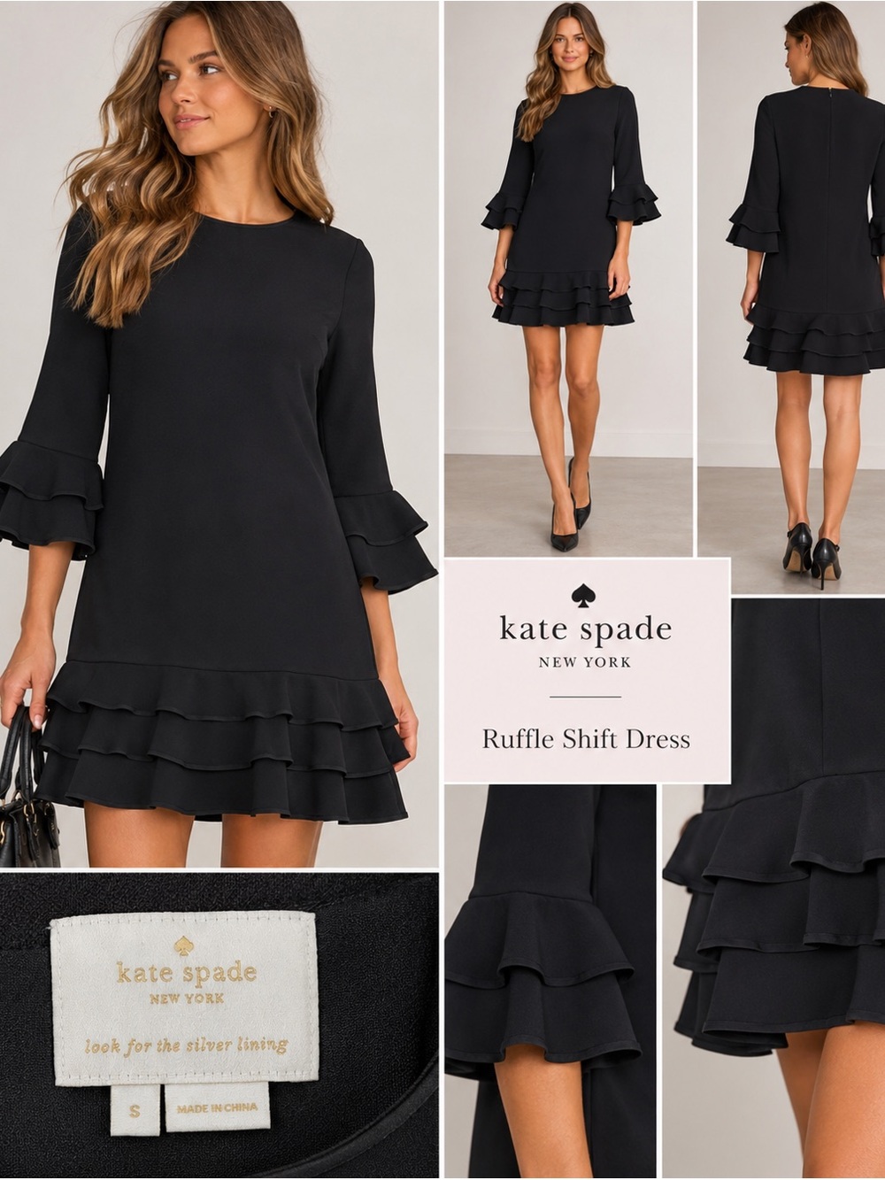 Kate Spade New York Black Ruffle Shift Dress 3/4 Sleeve Size S